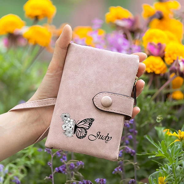 Personalized Tri-Fold Butterfly Birth Flower Leather Wallet with Coin Holder Birthday Christmas Gift for Woman