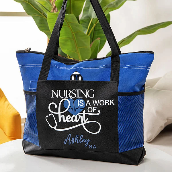 Personalized Nursing Is A Work of Heart Tote Bag Nurse Canvas Zippered Tote Bag Large Capacity Nurse Appreciation Gift Nurse Week Gift