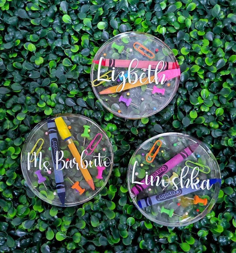 Personalized Teacher appreciation coasters|Custom coasters|Teachers Gift||Teacher Coaster |Crayon and Pencil Coasters|Teacher Paper weight