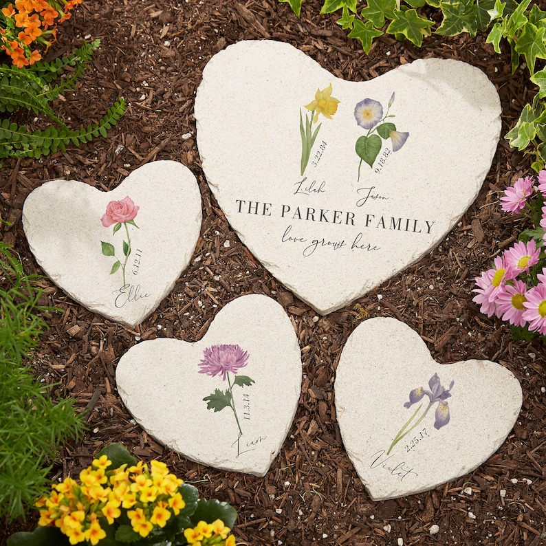 Personalized  Birth Month Flower Heart Garden Stone