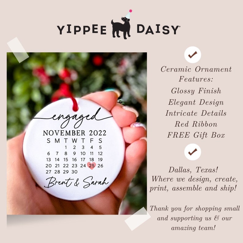 Personalized Calendar with Names Engaged Couple Ceramic Ornament