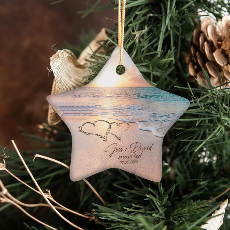 Beach Married Ceramic Ornament, Just Married Ornament With Names, Personalized Marriage Gift For Couple, Marriage Party Gift For Best Friend