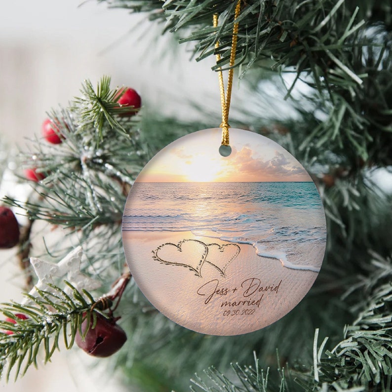 Beach Married Ceramic Ornament, Just Married Ornament With Names, Personalized Marriage Gift For Couple, Marriage Party Gift For Best Friend