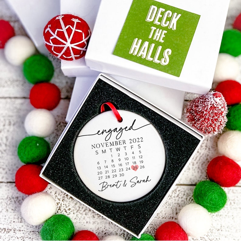 Personalized Calendar with Names Engaged Couple Ceramic Ornament