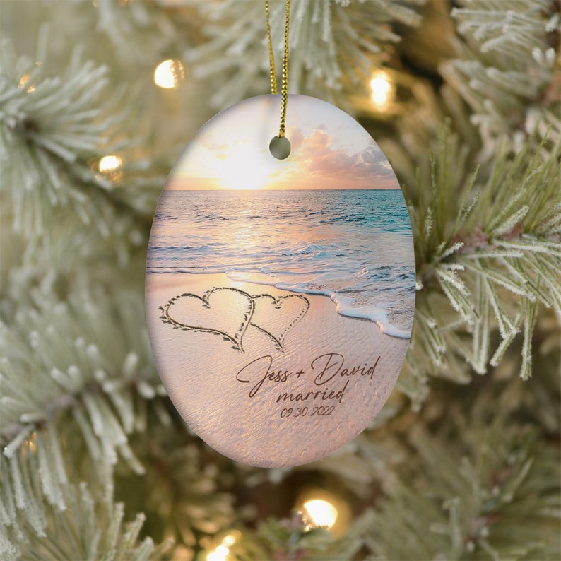 Beach Married Ceramic Ornament, Just Married Ornament With Names, Personalized Marriage Gift For Couple, Marriage Party Gift For Best Friend
