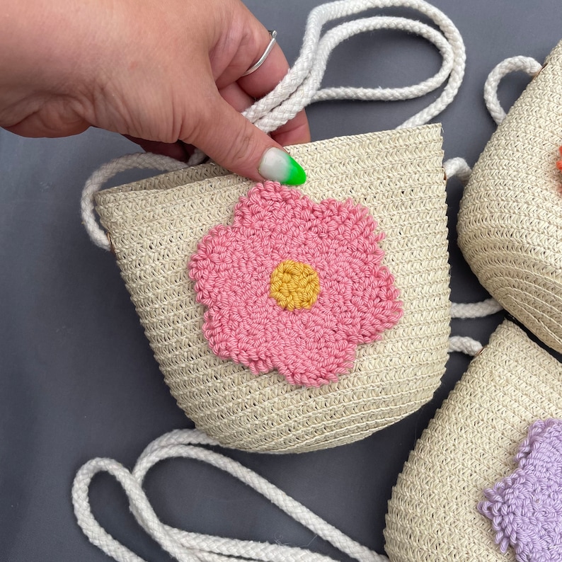 Straw bags for children with punch needle decoration