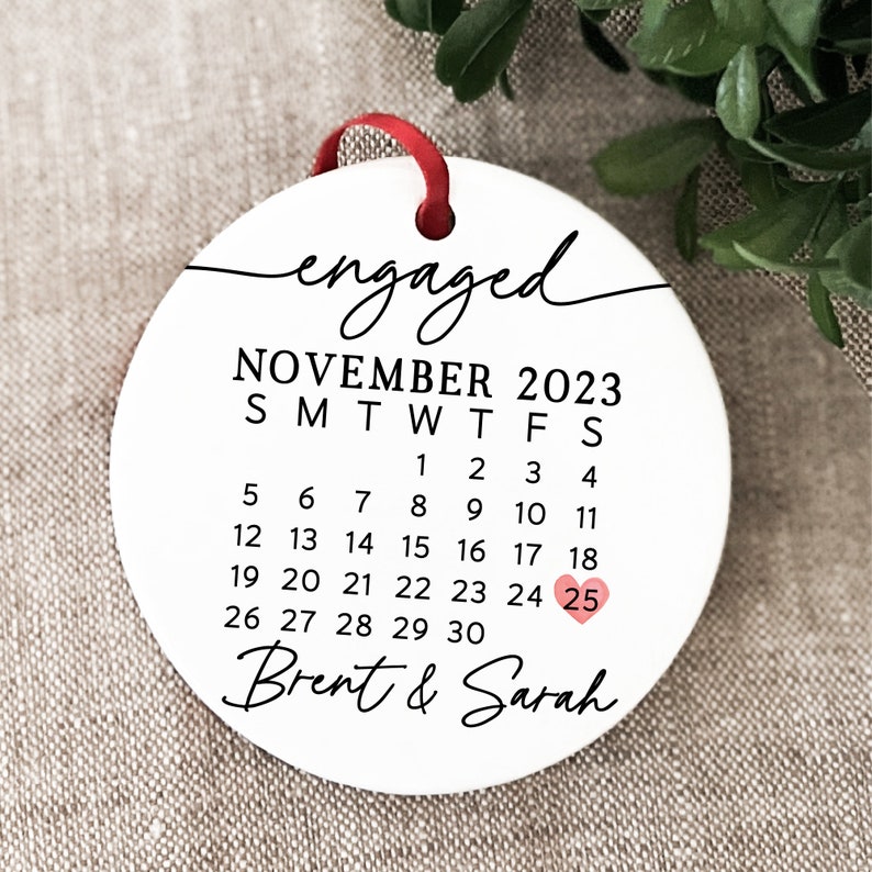 Personalized Calendar with Names Engaged Couple Ceramic Ornament