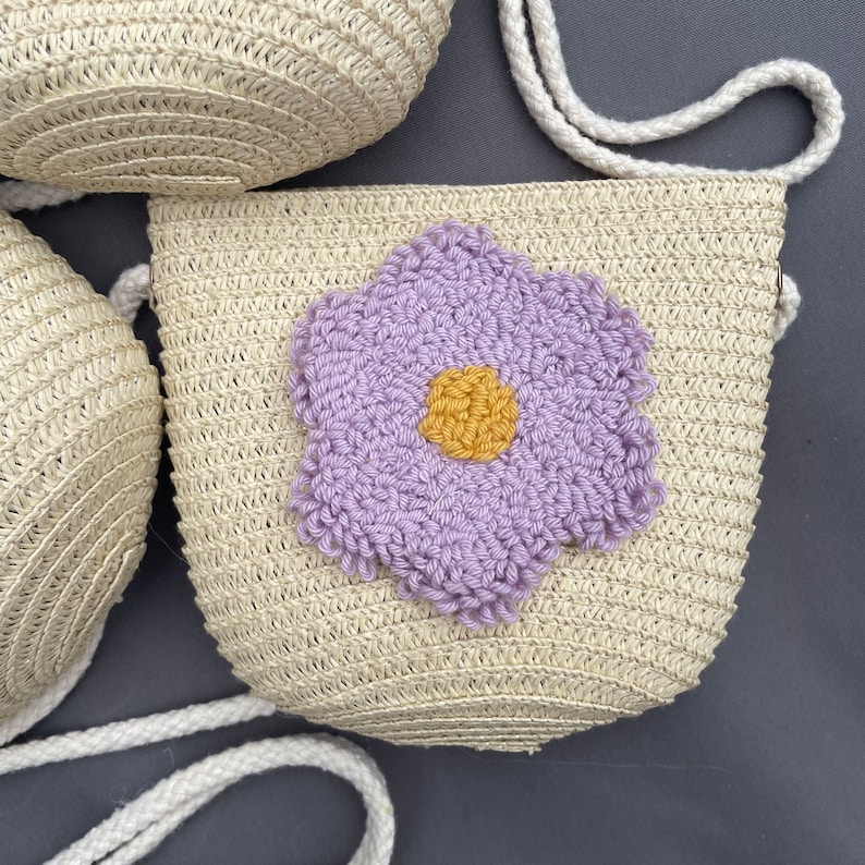 Straw bags for children with punch needle decoration