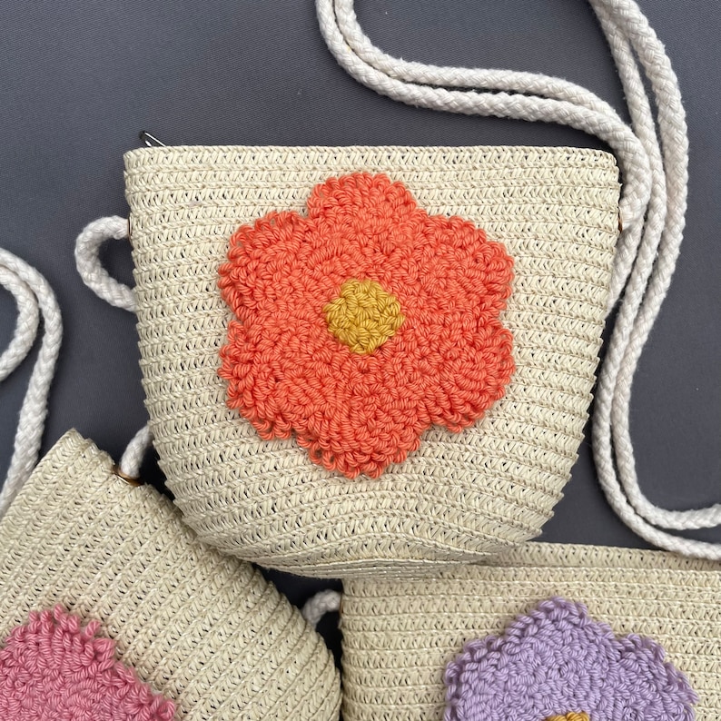 Straw bags for children with punch needle decoration