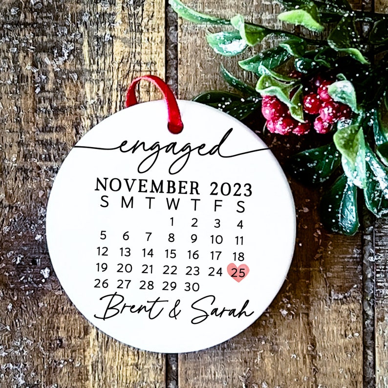 Personalized Calendar with Names Engaged Couple Ceramic Ornament