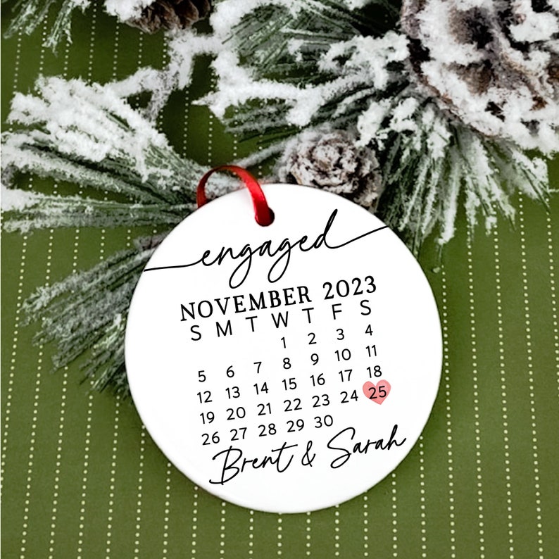 Personalized Calendar with Names Engaged Couple Ceramic Ornament