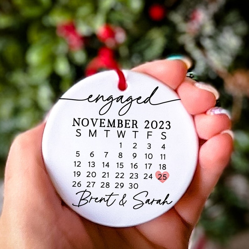 Personalized Calendar with Names Engaged Couple Ceramic Ornament
