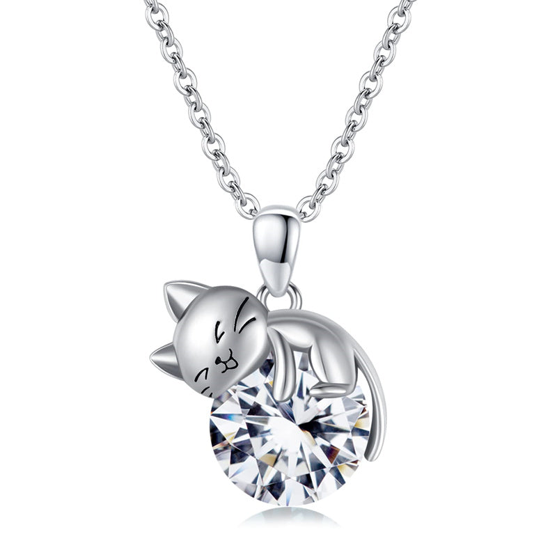 Cat Necklace with Birthstone 925 Sterling Silver Cat Pendant Necklace Gift for Women