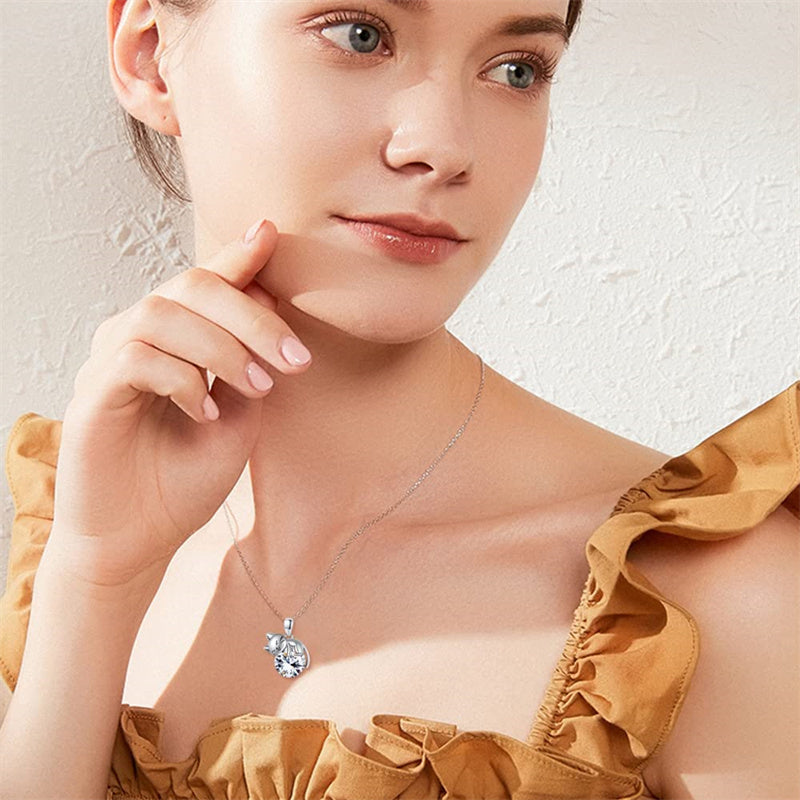 Cat Necklace with Birthstone 925 Sterling Silver Cat Pendant Necklace Gift for Women