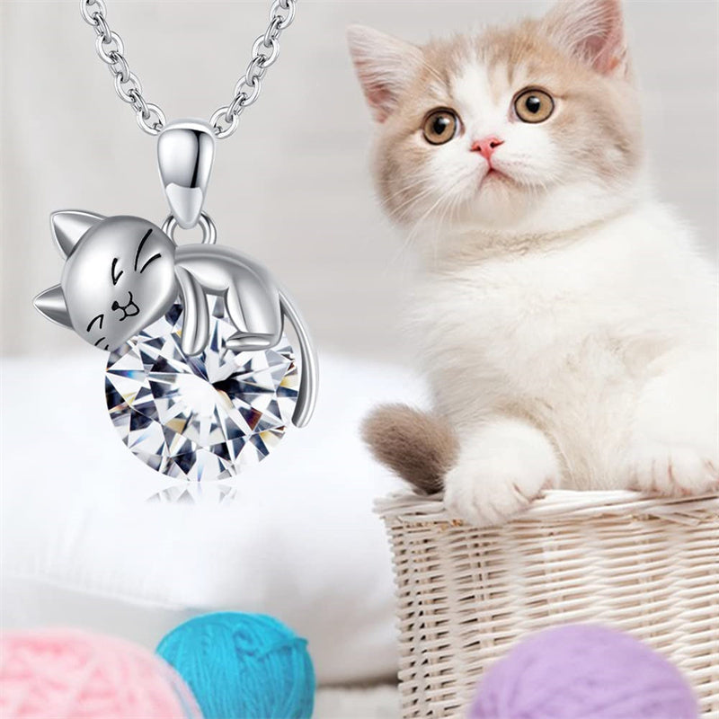 Cat Necklace with Birthstone 925 Sterling Silver Cat Pendant Necklace Gift for Women