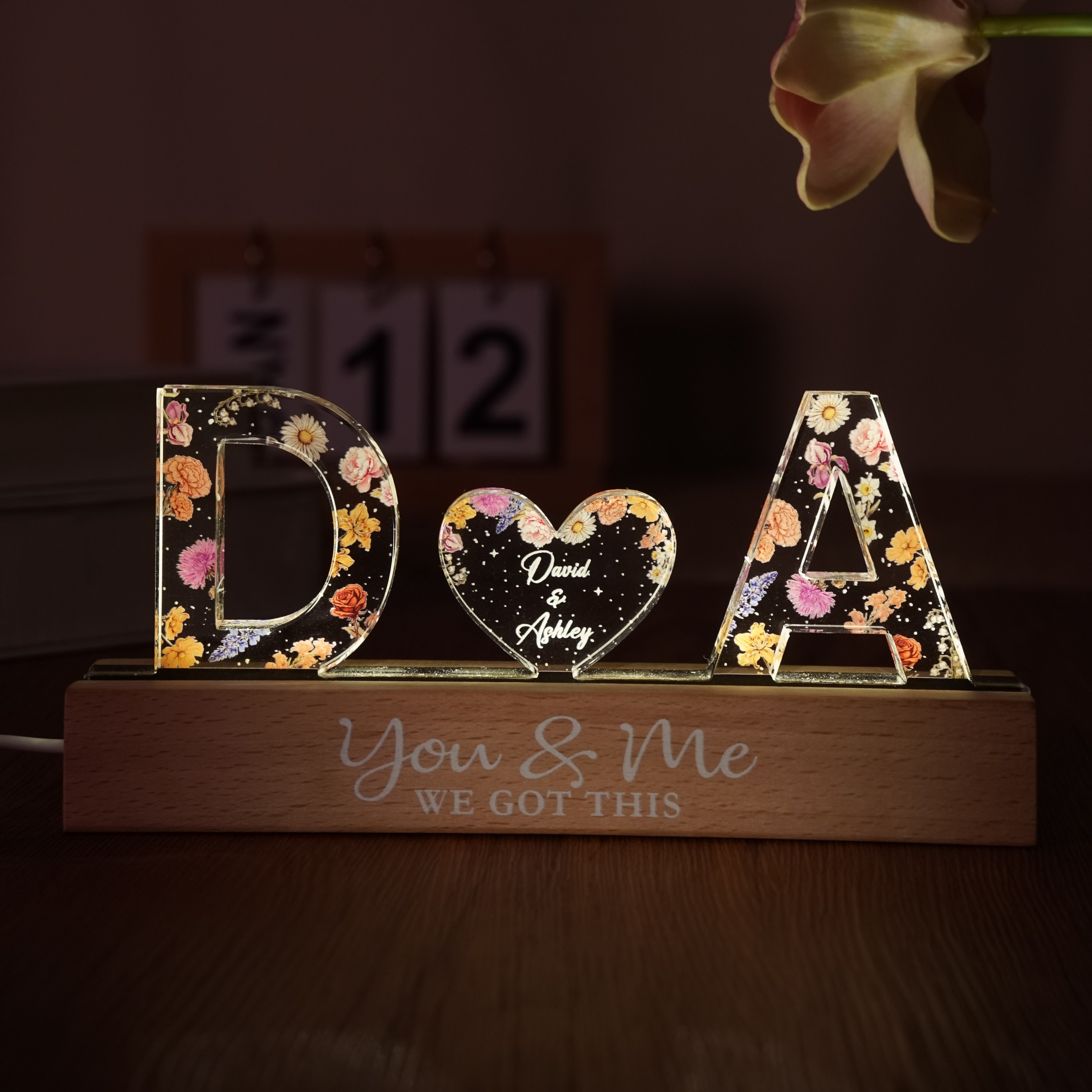 Couple Initials Floral Theme Anniversary Gift Personalized Acrylic Block LED Night Light, Heartfelt 2025 Valentine's Day Gift, Anniversary Gift For Girlfriend, For Wife