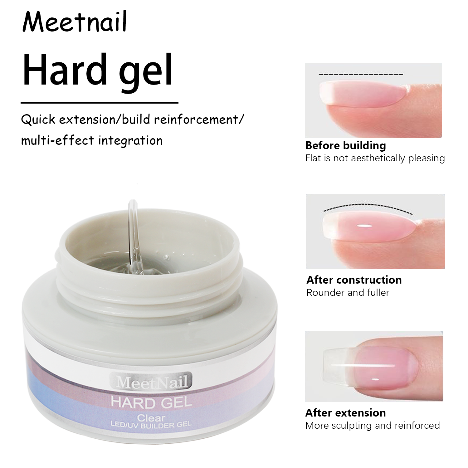 Hard Gel, LED/UV Builder Gel - Clear, Strong Acrylic Finish, Perfect for Nail Extensions and Overlays, Professional Quality, 2 oz, 1-pack
