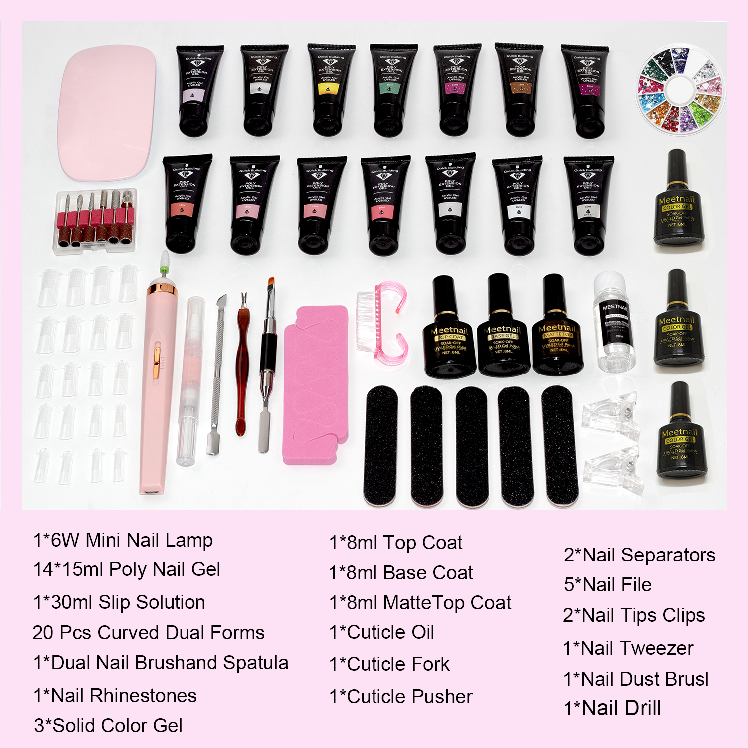 57Pcs Poly Nail Gel Kit with Drill and U V Light 14 Colors Poly Nail Extension Gel with Cat Eye Nail Polish Glossy Matte Top Coat Nail Rhinestones Starter Kit Home Salon DIY Gifts for Women