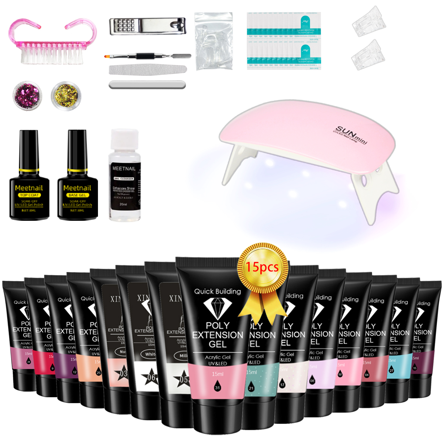 Poly Nail Gel Kit 15 Colors Poly Gel Kit with Slip Solution and Mini Lamp Nail Art Design Beginner