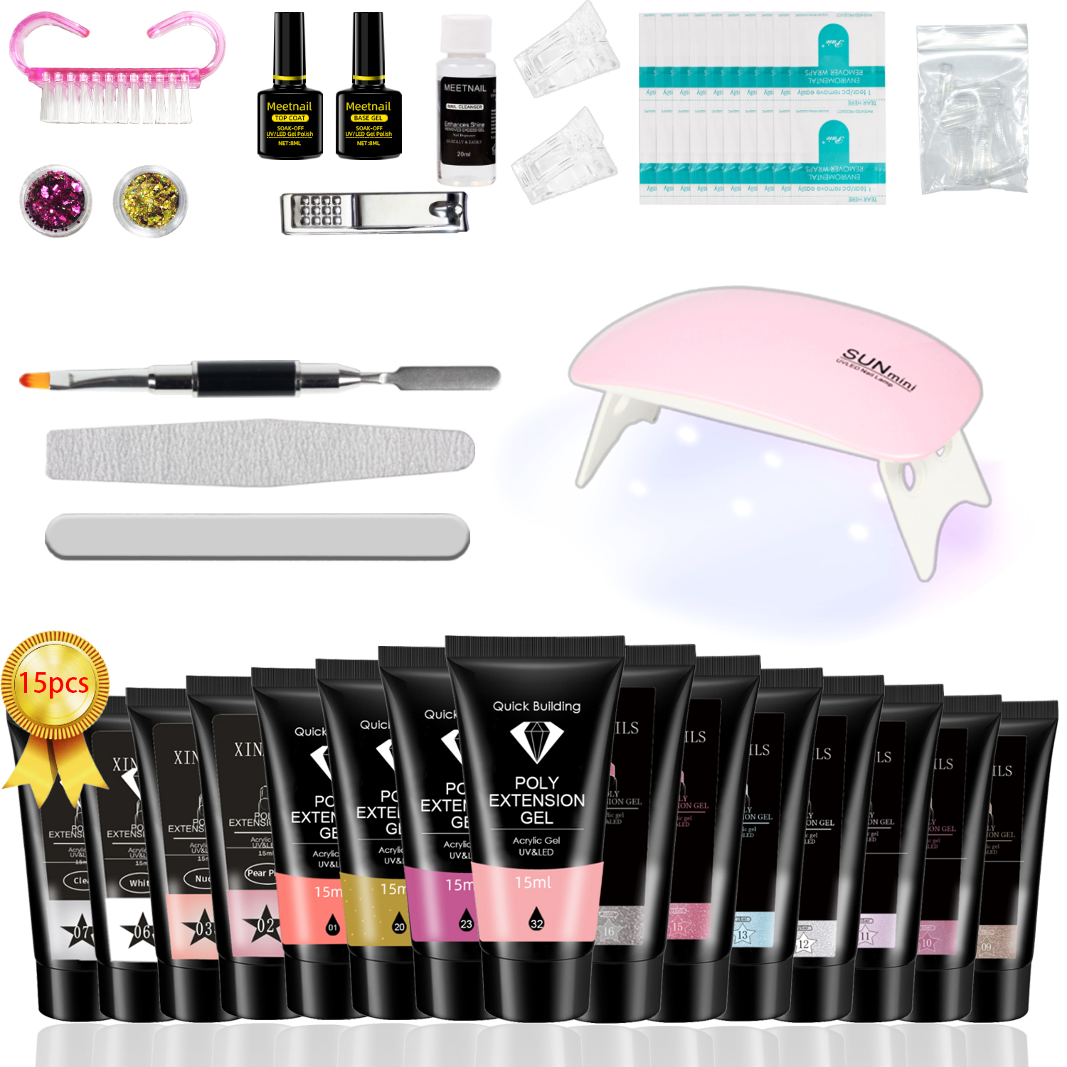 Poly Nail Gel Kit 15 Colors Poly Gel Kit with Slip Solution and Mini Lamp Nail Art Design Beginner