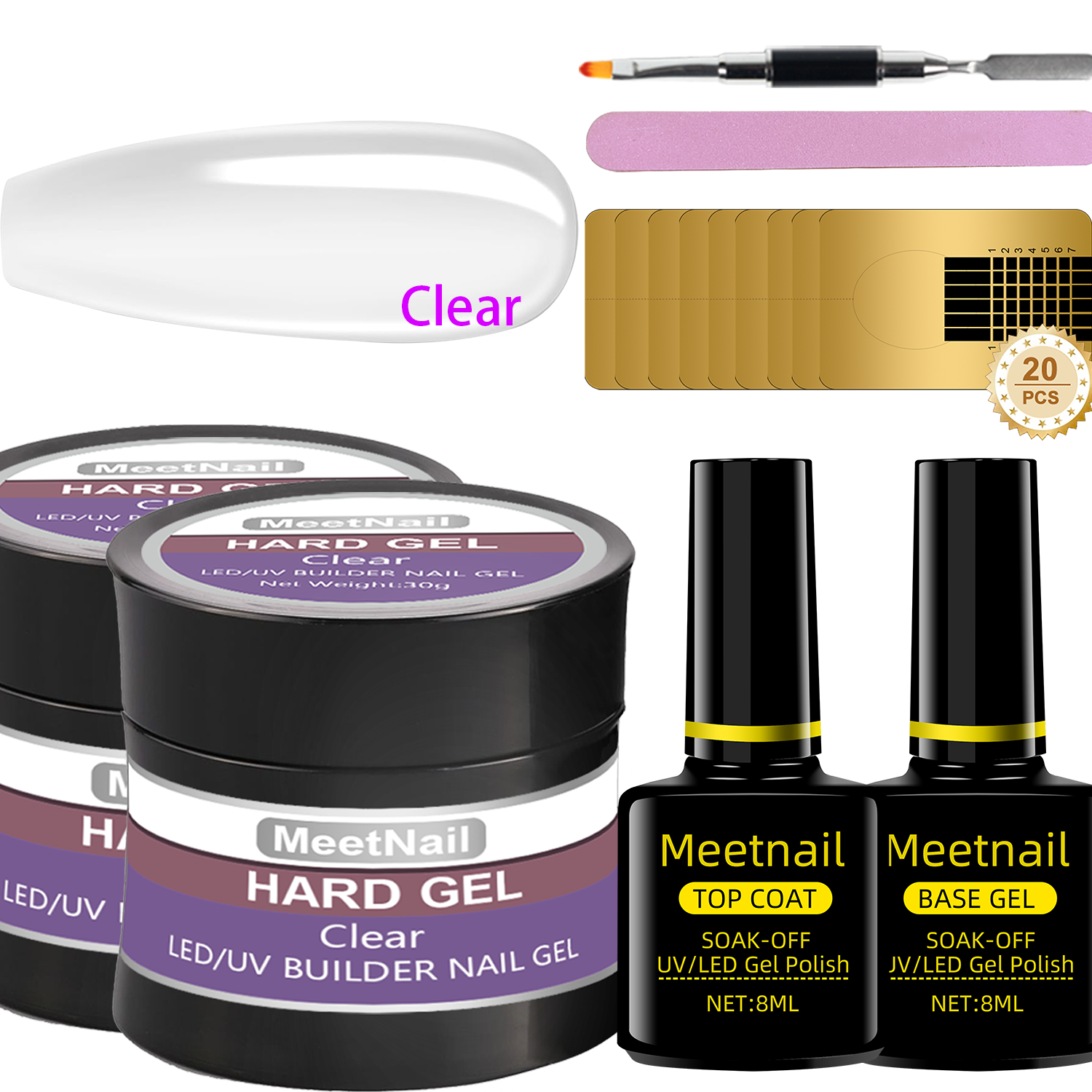 Hard Gel, LED/UV Builder Gel - Clear, Strong Acrylic Finish, Perfect for Nail Extensions and Overlays, Professional Quality, 2 oz, 1-pack