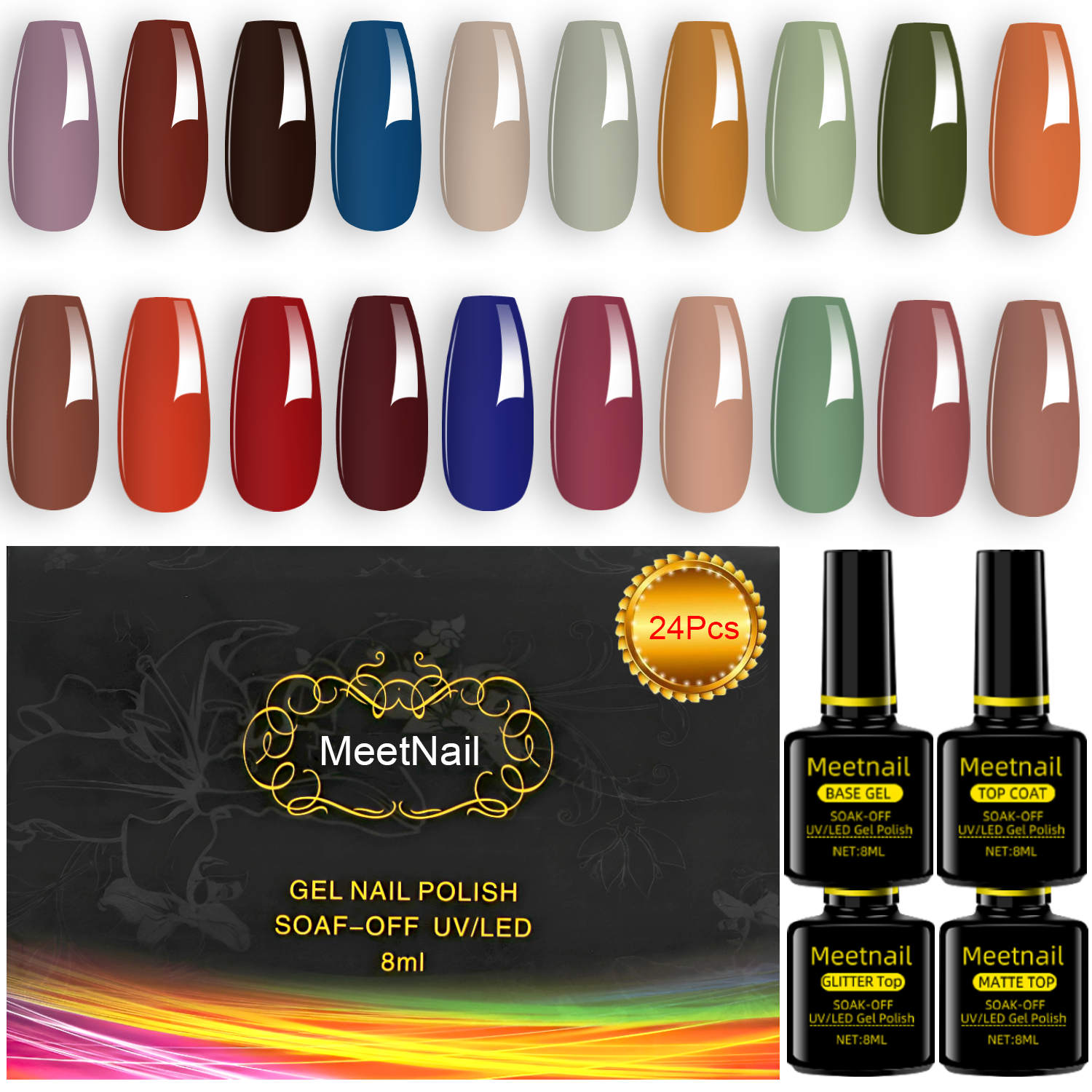 36 PCS Gel Nail Polish Set with Base Glossy and Matte Top Coat Multicolored Gel Nail Long Lasting Suitable for All Seasons