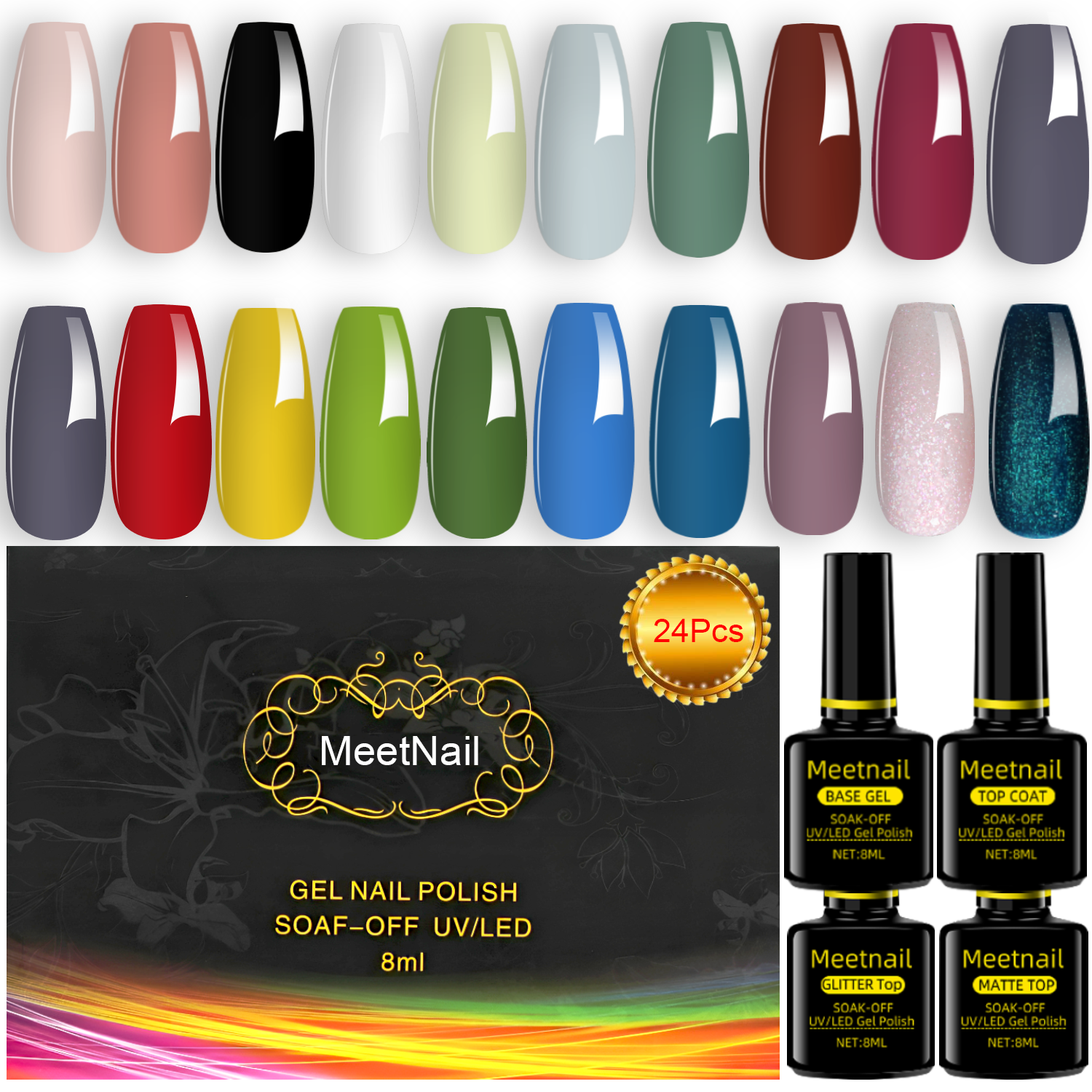36 PCS Gel Nail Polish Set with Base Glossy and Matte Top Coat Multicolored Gel Nail Long Lasting Suitable for All Seasons
