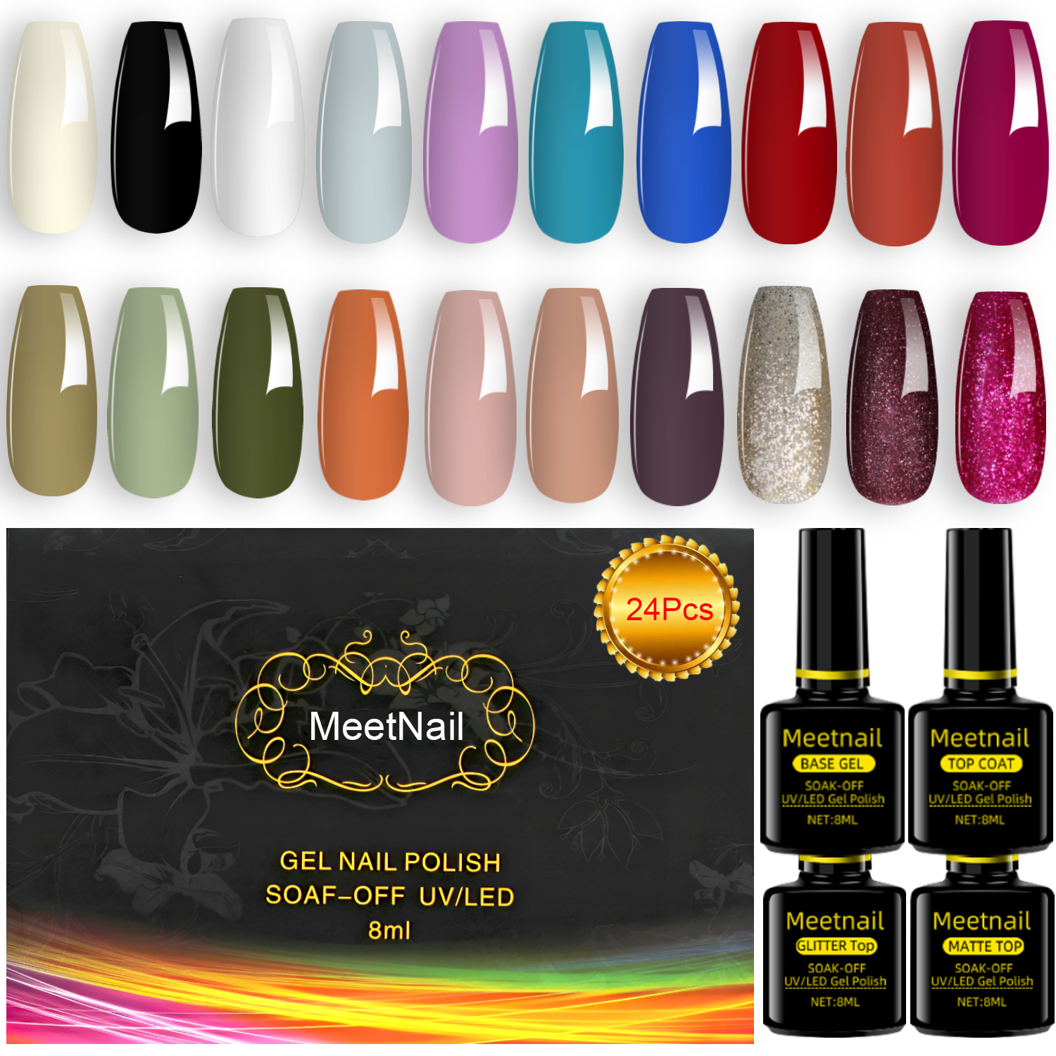36 PCS Gel Nail Polish Set with Base Glossy and Matte Top Coat Multicolored Gel Nail Long Lasting Suitable for All Seasons