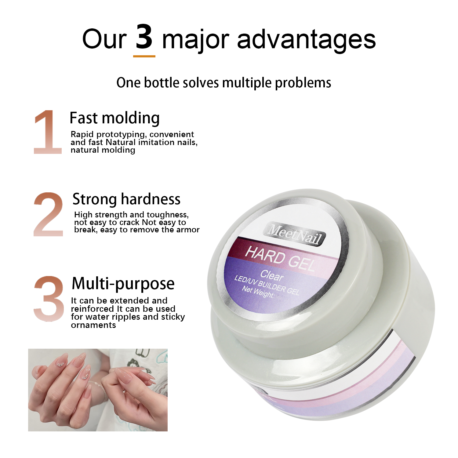 Hard Gel, LED/UV Builder Gel - Clear, Strong Acrylic Finish, Perfect for Nail Extensions and Overlays, Professional Quality, 2 oz, 1-pack