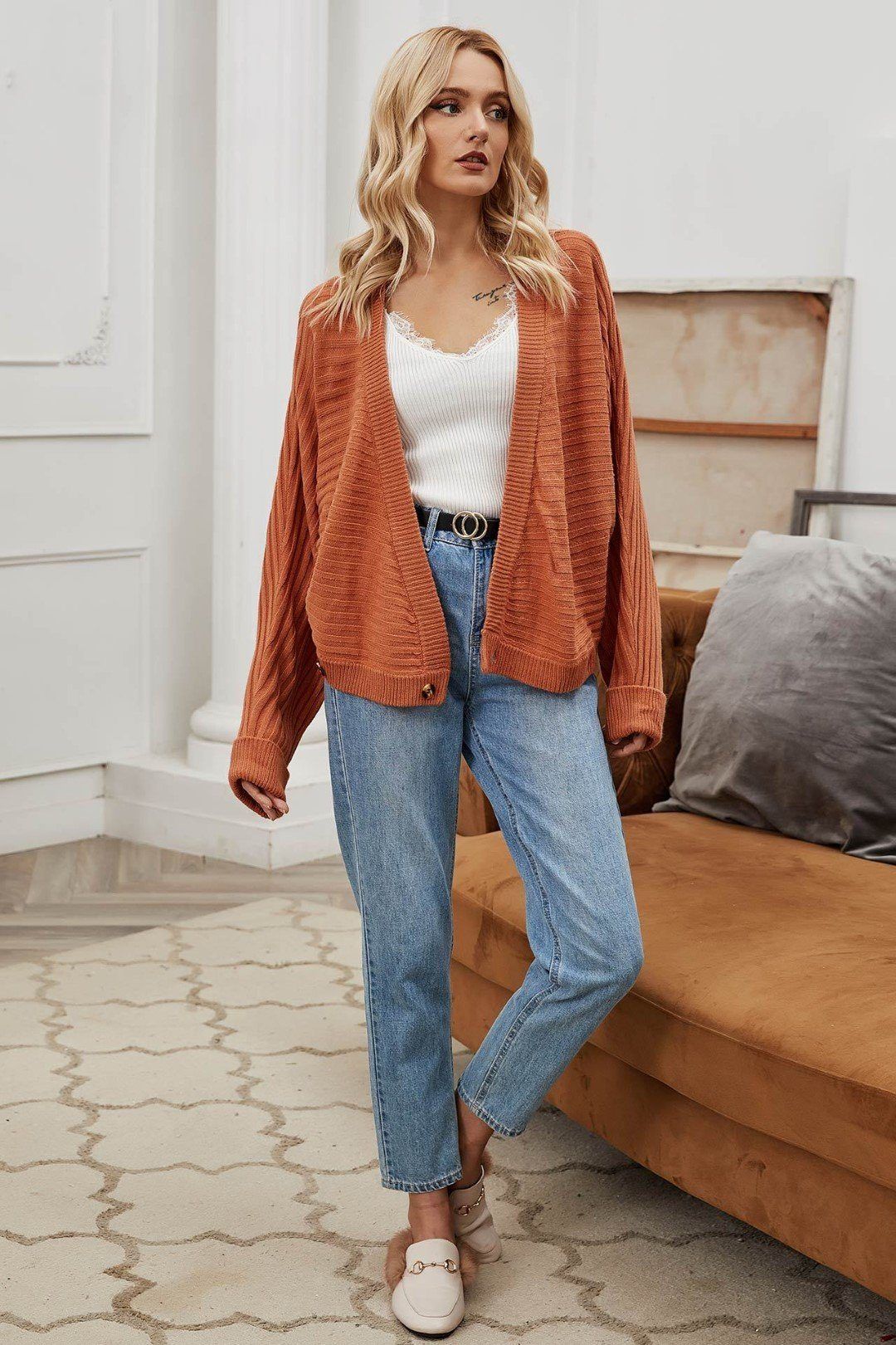 Solid Color V-Neck Casual Knit Cardigan