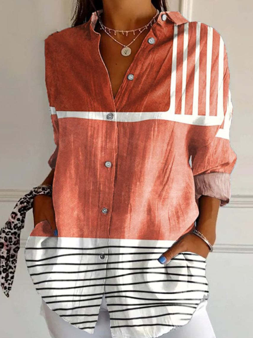 (UGC TEST)Shirt Collar Long Sleeve Floral Regular Loose Shirt For Women