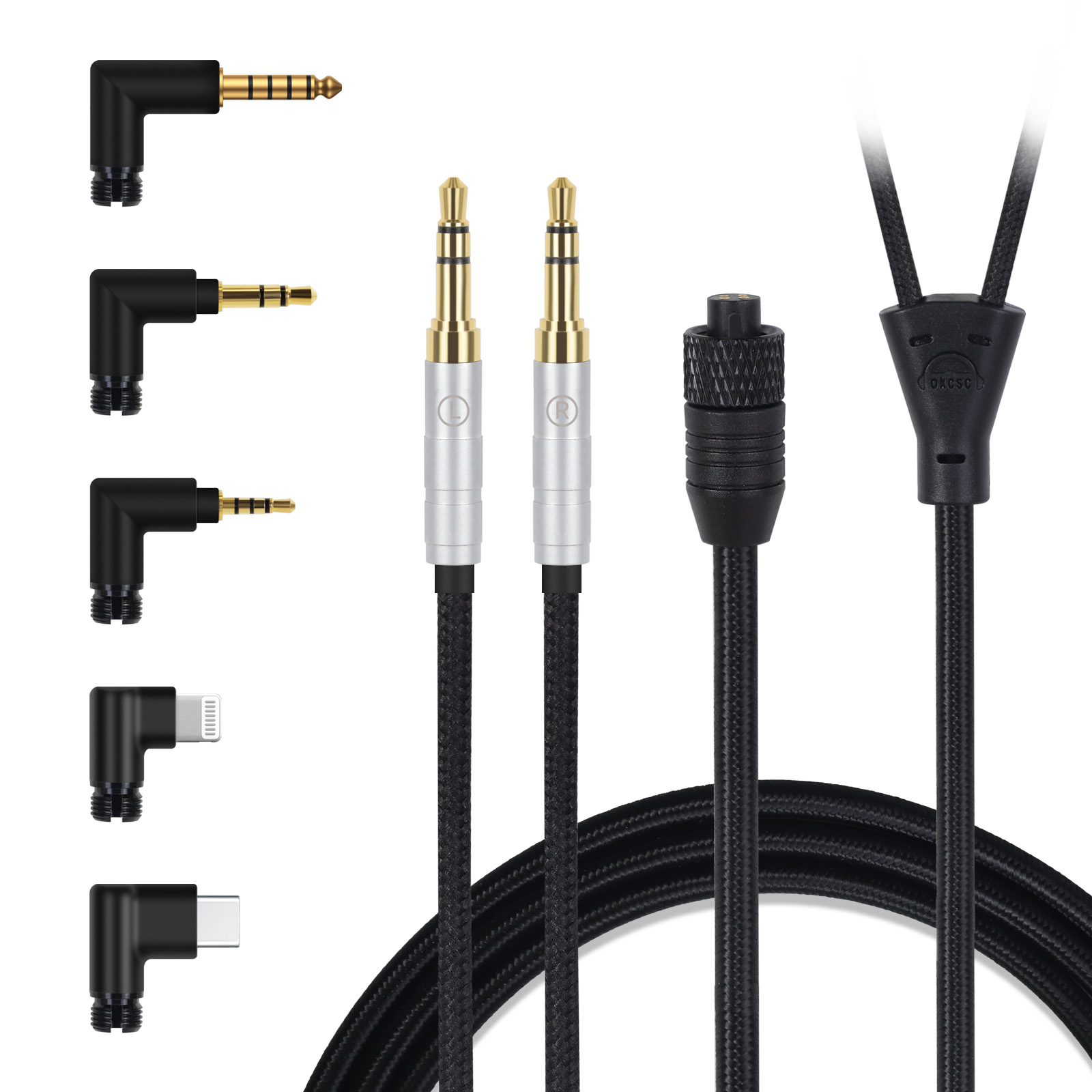 OKCSC TC4P コネクター交換可能リケーブル  24K金メッキ&高純度OFC ケーブル長さ約2メートル 2M 2.5mm/3.5mm/4.4mm/Type-C/Lightning/FOSTEX/shure1840/HD650/HD800/SR9/R70などに対応
