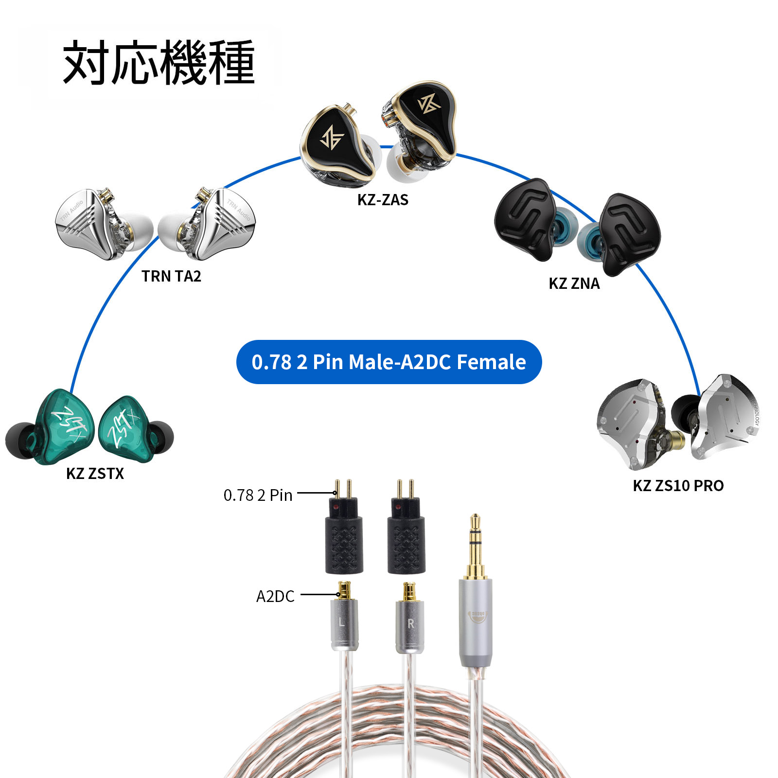 OKCSC  0.78 2PIN(イヤホン側)to A2DC(リケーブル側)  アダプター コネクター 音質劣化なし簡潔 精緻 線材テスト作業用 ミニタイプ SHUOER  CONDUCTOR  SINGER BA10 AS10 ZS10..に対応