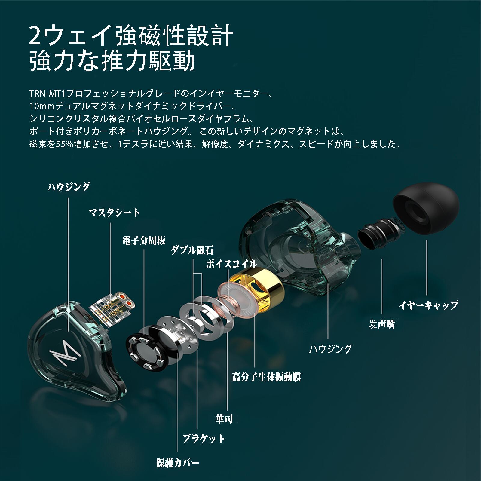 TRN TM1 イヤホン Hi-FI イヤホン ダイナミックドライバー インイヤーイヤホン マイク付き ダイナミックドライバー2Pin　3.5mm 金メッキ コンタクト 1.25mケーブル 交換式プラグ 人間工学に基づく設計