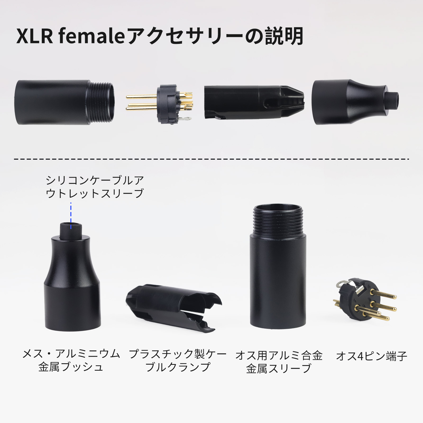 OKCSC XLRアクセサリー  高純度銅 金メッキ端子と耐環境性能XLR(メス)XLR(オス)接続性能の強調　φ2.5mm～5.5mm　合金製ケーシングと金属ブッシュ