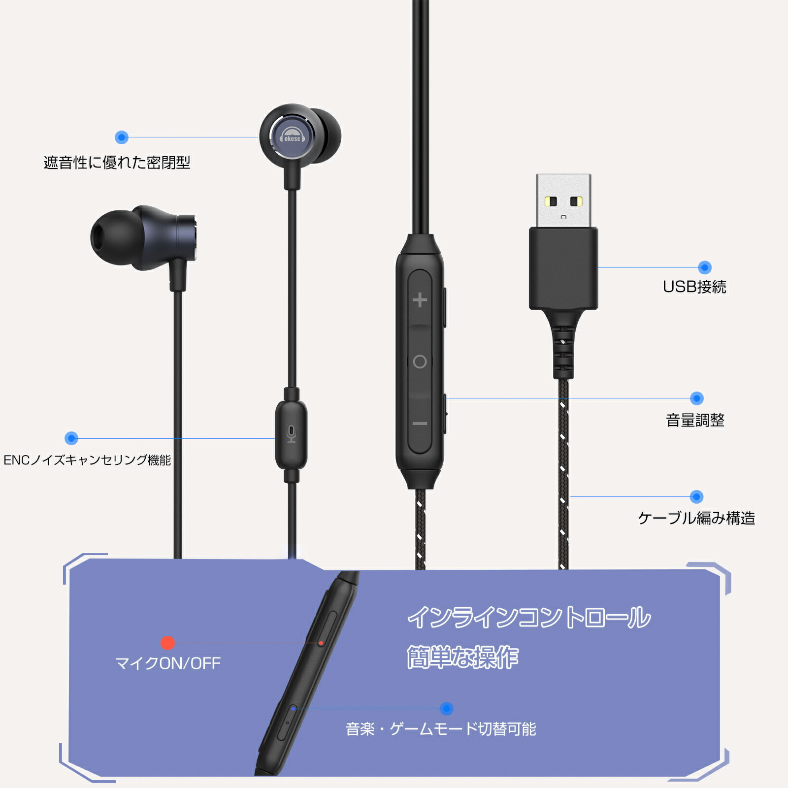 okcsc GB50 パソコン イヤホン USB ヘッドセット 有線 カナル型 イヤホン ミュート機能付き 音楽・ゲームモード切替可能 テレワーク リモートワーク マイク付き web会議 オンラインゲーム パソコン/PCに対応