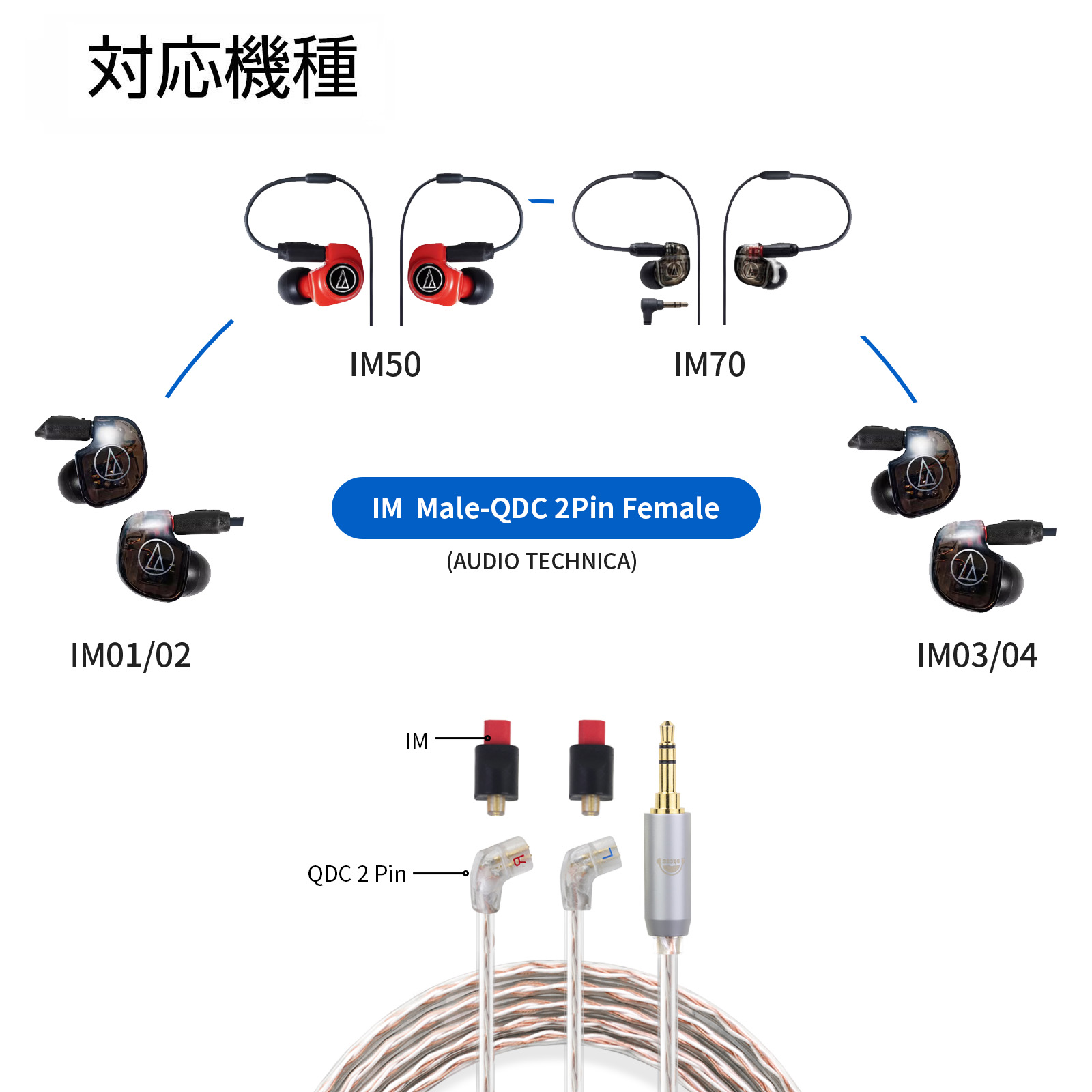 okcsc IM (オス) to QDC(メス) アダプター コネクター 金メッキプラグ 統合成形技術 音質劣化なし簡潔 精緻 線材テスト作業用 ミニタイプAUDIO TECHNICAIMO1IM02 IM03 IM04 IM50 IM70 ETCKZ:ZSN、ZSN Pro、ZSN Pro x、zS10、ZSx、AS12、AS16 に対応