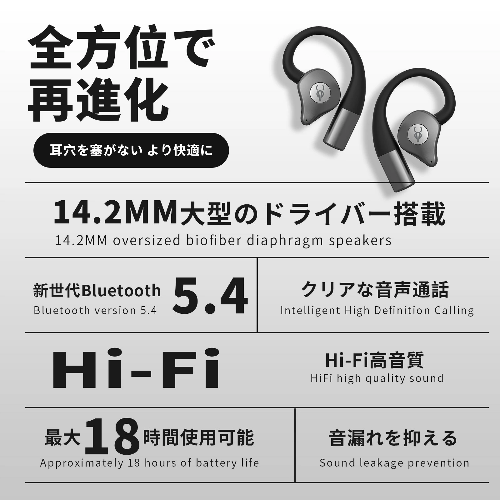オープンイヤー ワイヤレスイヤホン Bluetooth5.4 耳を塞がない 8.6g超軽量 最大18時間再生 ハンズフリー通話 ノイズキャンセリング 音漏れ防止 防水 耳かたち工学設計 スポーツイヤホン 落ちない 耳掛け マイク付き Hi-Fi音質