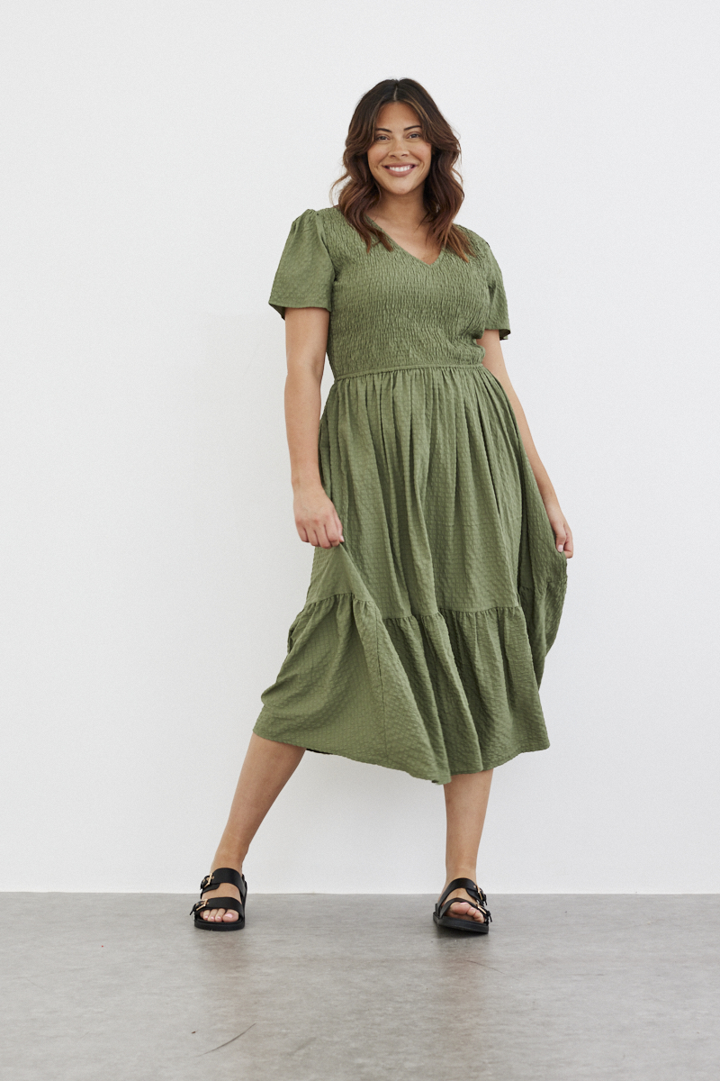 Shirred Body Flutter Sleeve Midaxi Dress