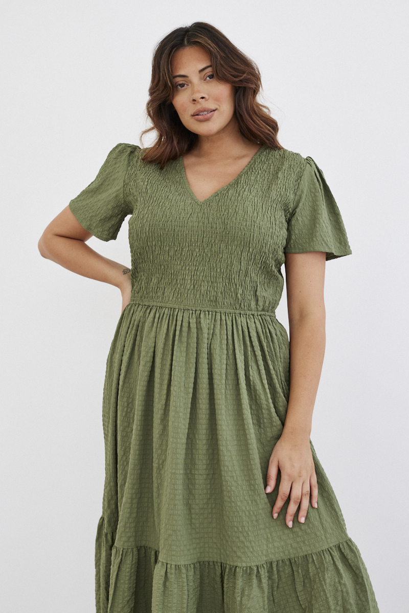Shirred Body Flutter Sleeve Midaxi Dress