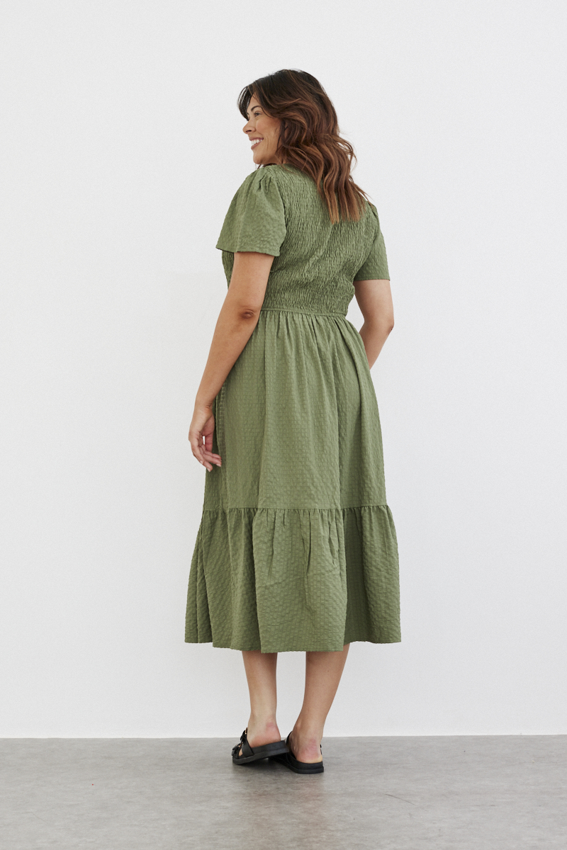 Shirred Body Flutter Sleeve Midaxi Dress