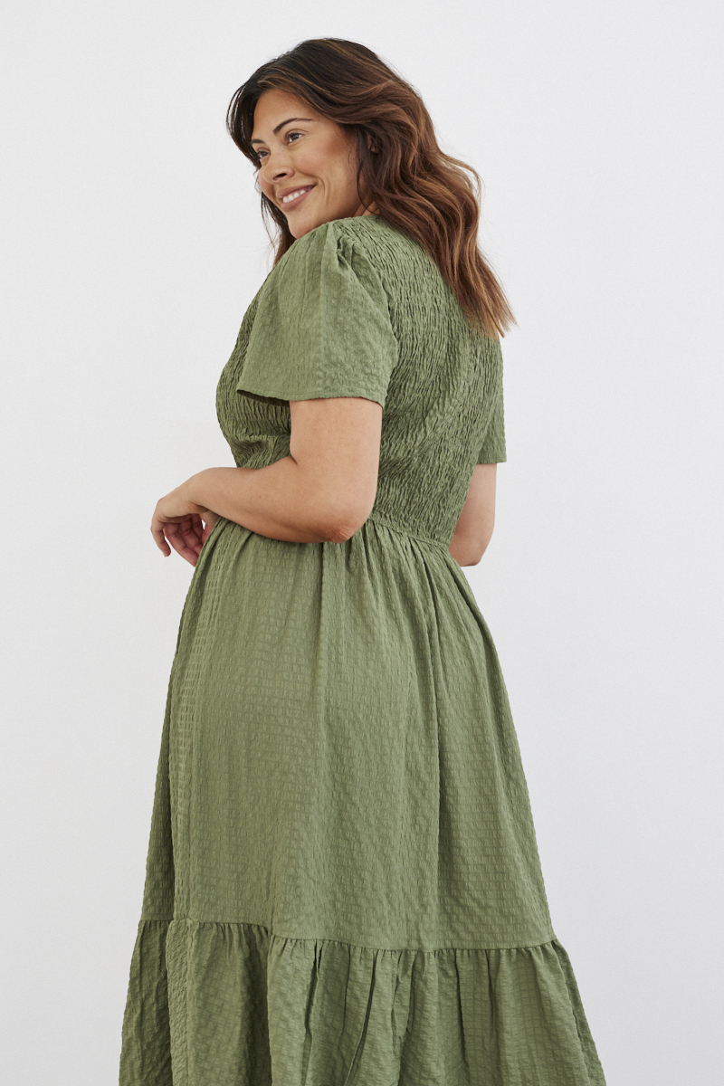 Shirred Body Flutter Sleeve Midaxi Dress