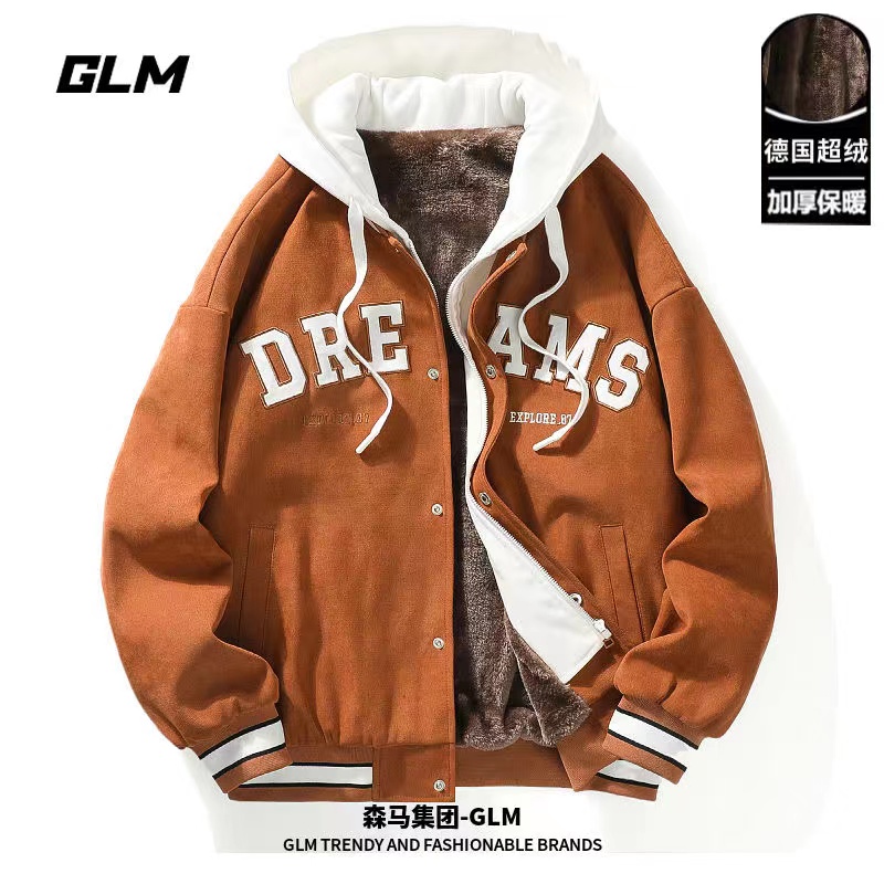 森馬集團品牌GLM男士秋冬德絨假兩件連帽棉衣加厚外套潮流夾克