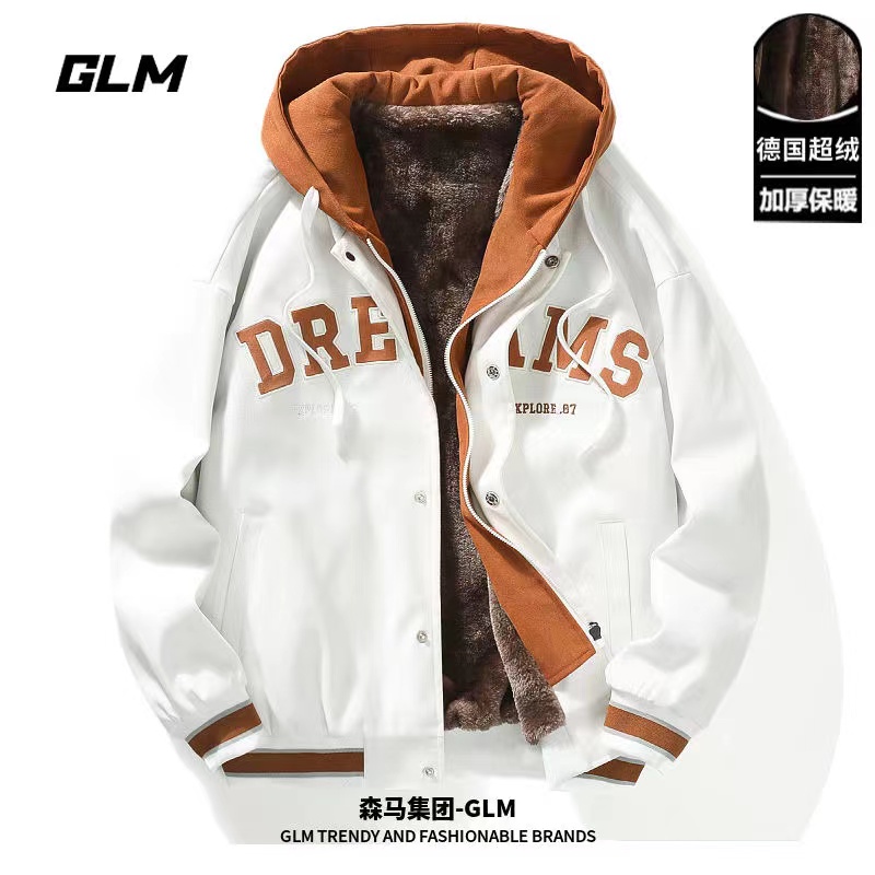 森馬集團品牌GLM男士秋冬德絨假兩件連帽棉衣加厚外套潮流夾克