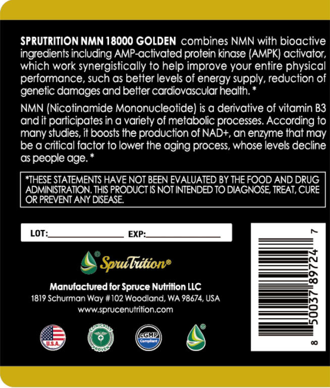 【 Spruce Nutrition 】NMN18000 NMN + AMPK + PS + PQQ 逆齡四合一｜逆齡抗老 + 保護心腦血管｜NMN18000 GOLDEN｜90 粒裝（美國原裝行貨）美國雲杉SPRUCE