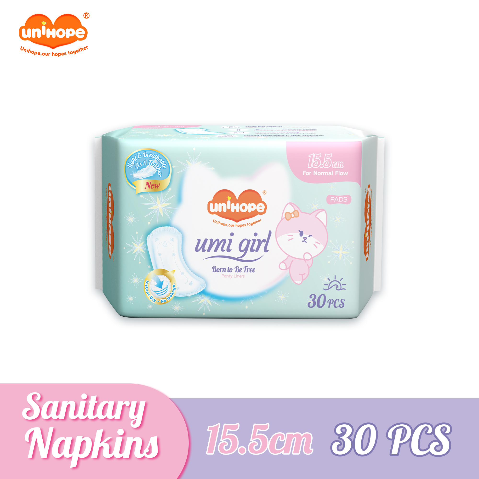 (155mm×30pcs) Unihope Umi Girl Sanitary Pad Liner Panty Liner Day and Night 15.5cm Pads