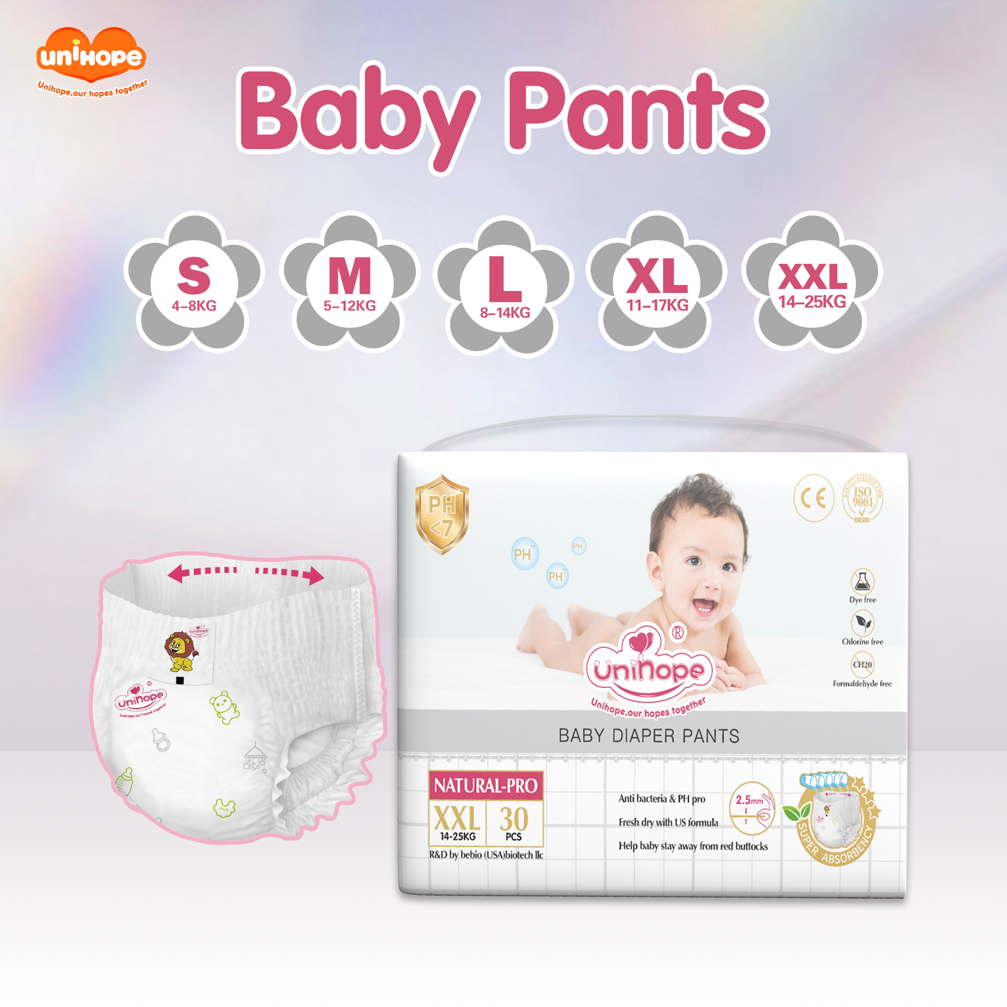 Unihope Natural Pro Baby Diapers Pants Ultra Thin Skin Friendly S/M/L/XL/XXL