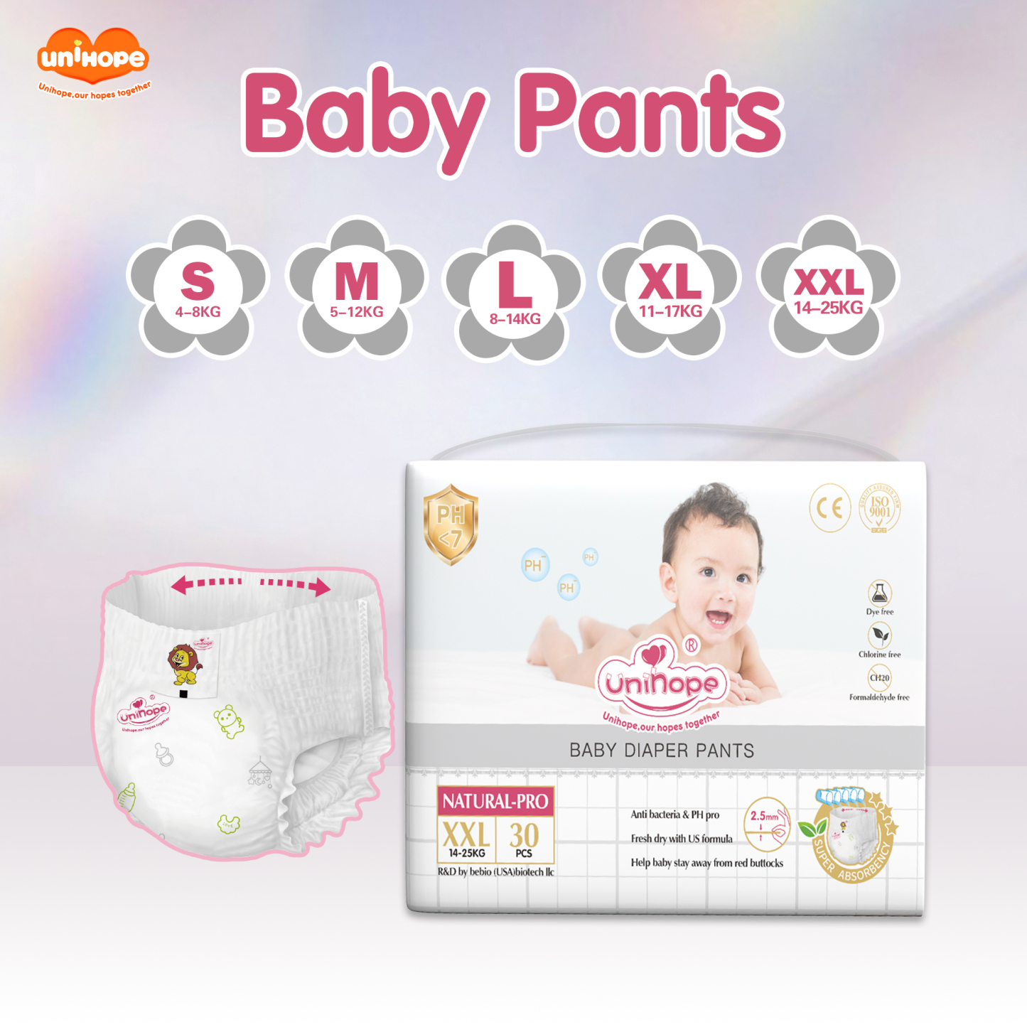 Unihope Natural Pro Baby Diapers Pants Ultra Thin Skin Friendly S/M/L/XL/XXL