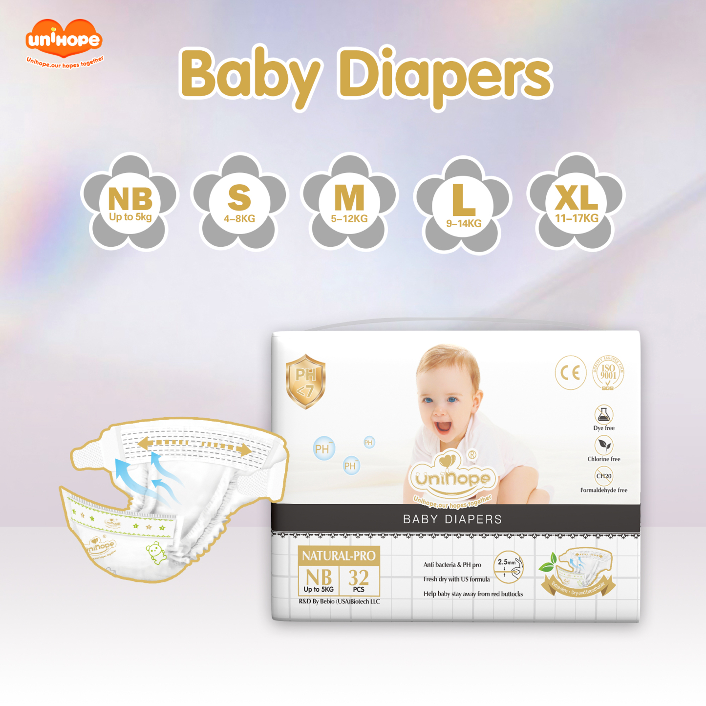 Unihope Natural Pro Super Premium Ultra Thin Tape Baby Diapers NB/S/M/L/XL