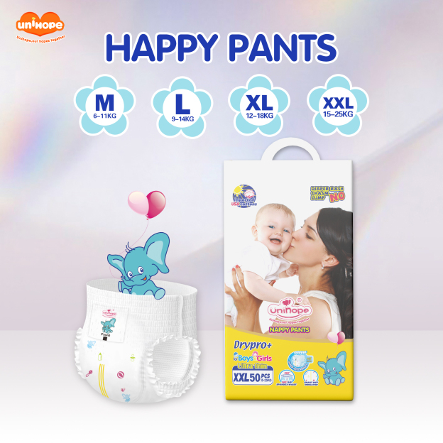 Unihope Dry Pro + Baby Diapers Pants Premium Natural Cottons - M 50/L 50/XL 50/XXL 50 (1 Packs)